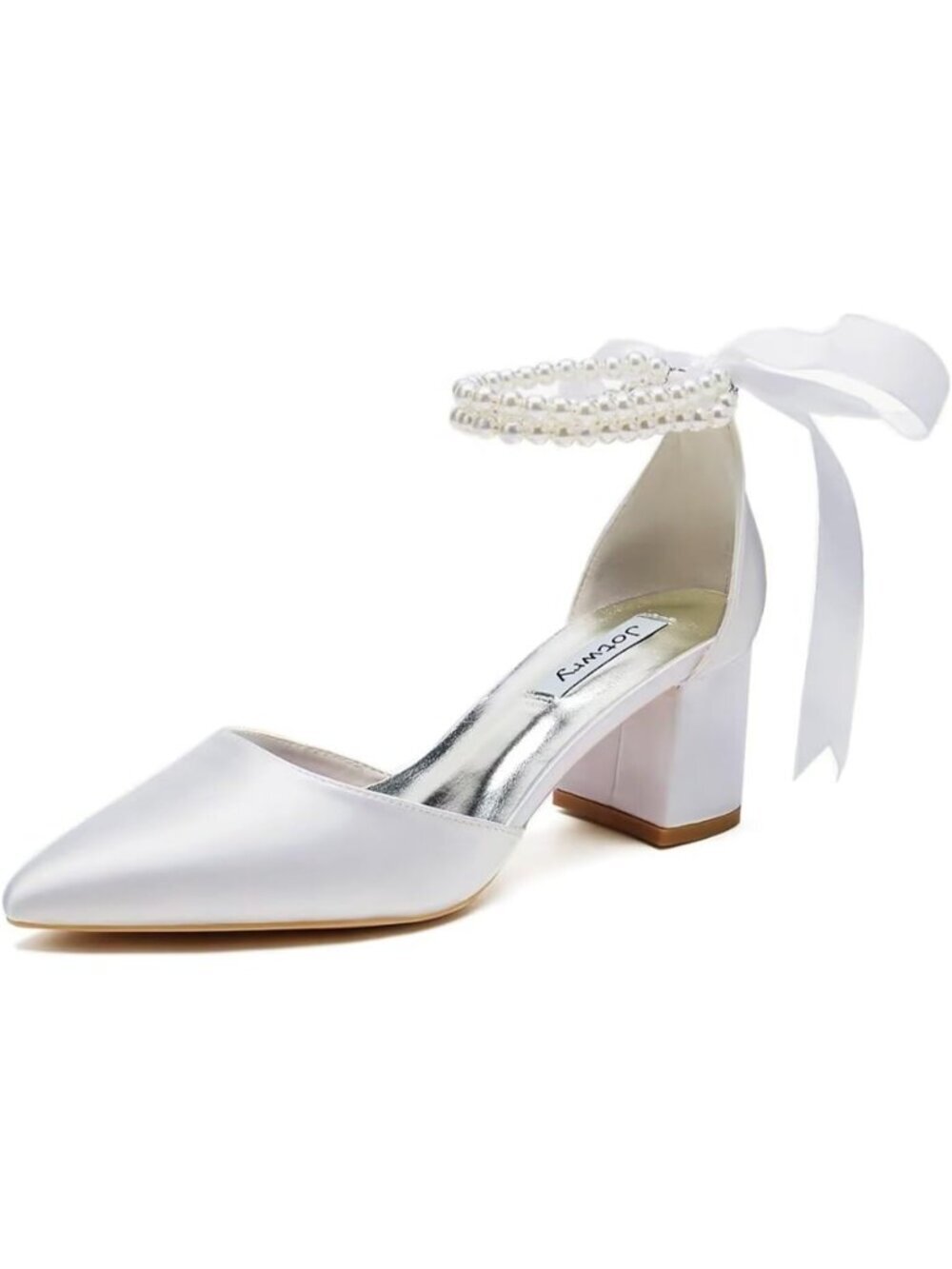 Women's White Satin Bride Block Heel Pointed Toe Imported Wedding Shoes